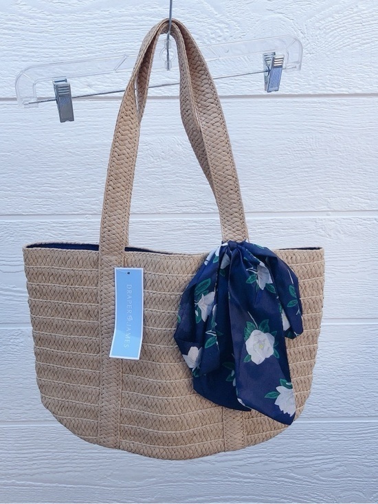 Draper James Handbags - Draper James Tan Braided Tote with Navy Floral Scarf Accent